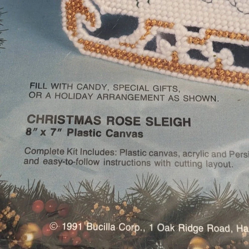 Vintage 1991 Bucilla Christmas Rose Sleigh Plastic Canvas Kit 61141 Sealed
